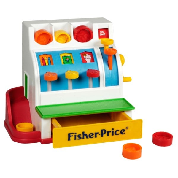 Plastic toy cash register with play money