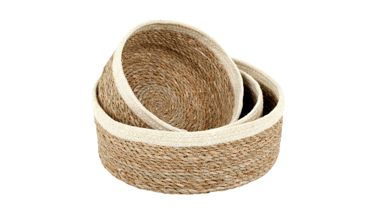 Set of 3 Emilio seagrass/jute baskets with white rim, Fairtrade