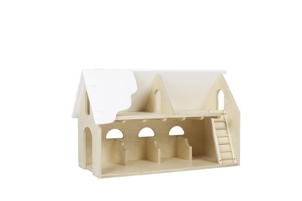 Wooden farmhouse with white roof