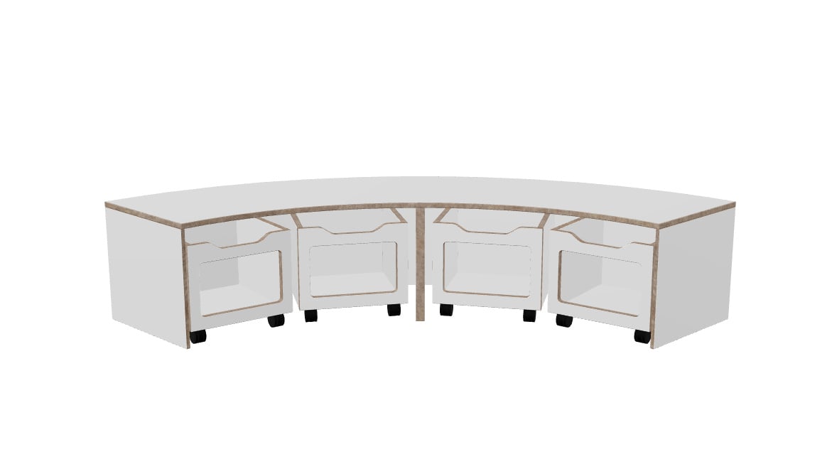# Storage bench quarter-round with bins