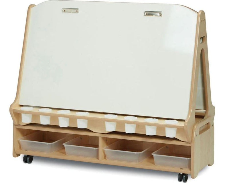 Double-sided easel with 4 stations and low storage trolley