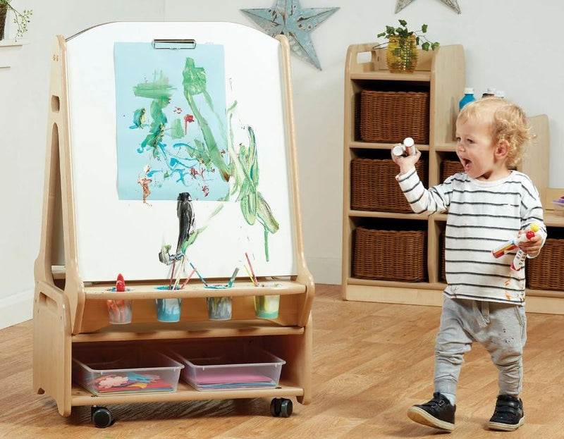 Double-sided easel with storage trolley