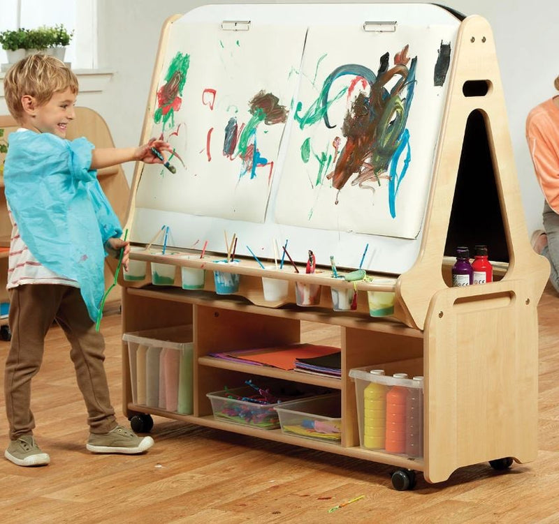Double-sided easel with 4 stations and high storage trolley