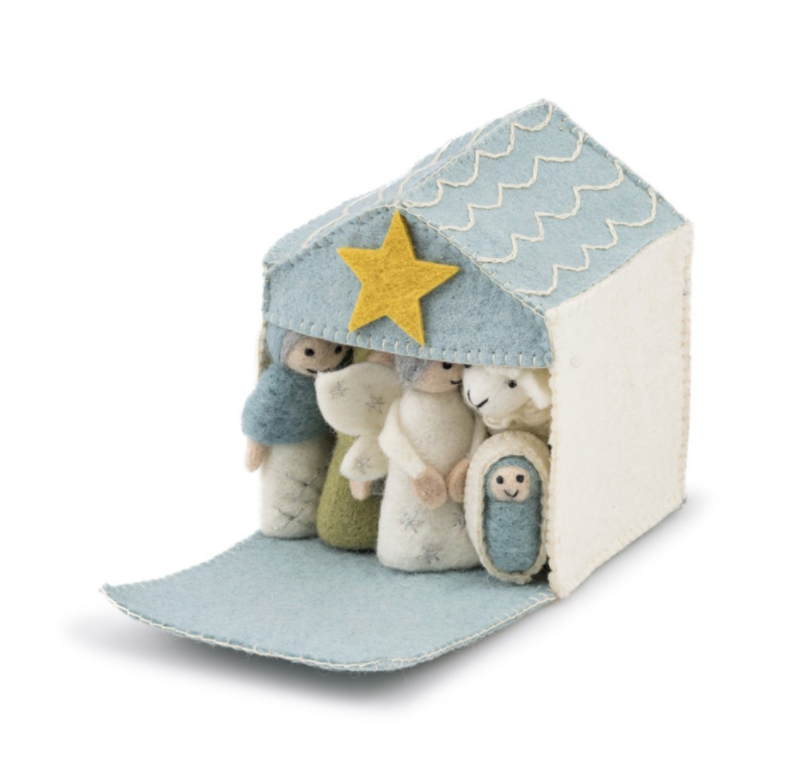 Vilten Kerststal, ijsblauw-wit Fairtrade