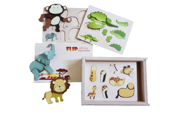 6 puzzels in een houten opbergkist, thema Afrika