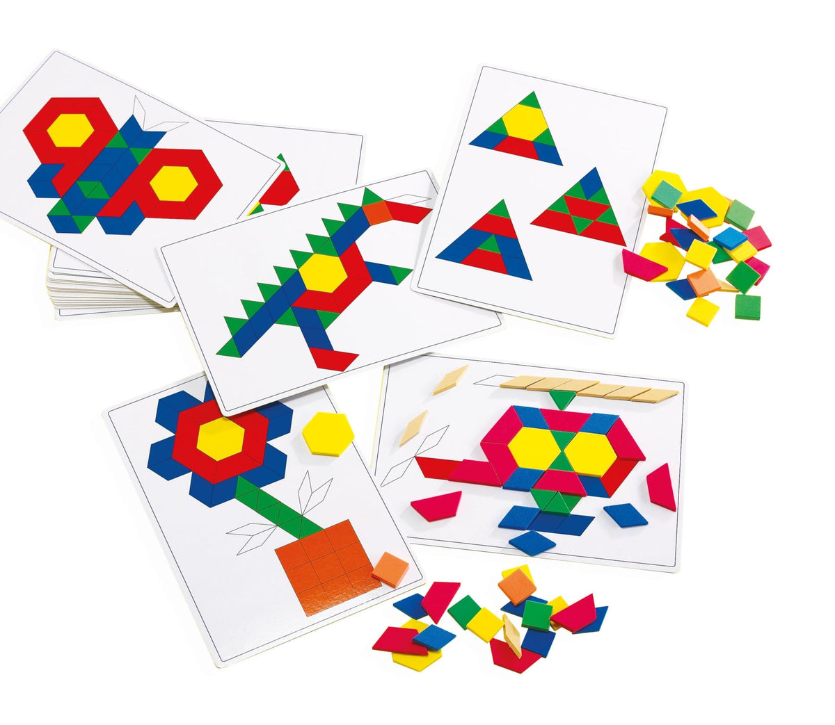 Plastic pattern blocks and activity cards