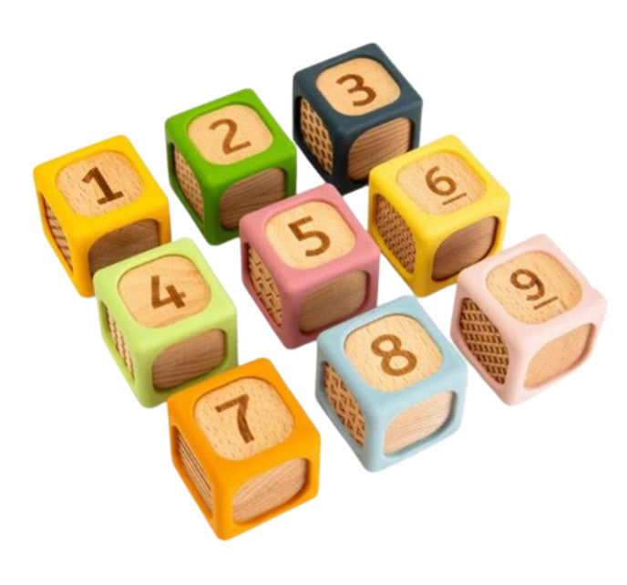 Soft sorting blocks, 9-piece, wood and silicone