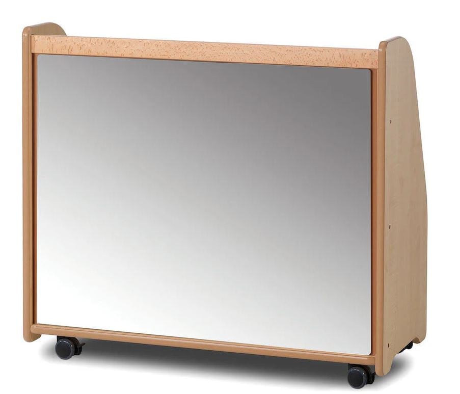 Mobile shelving unit with mirrored back panel
