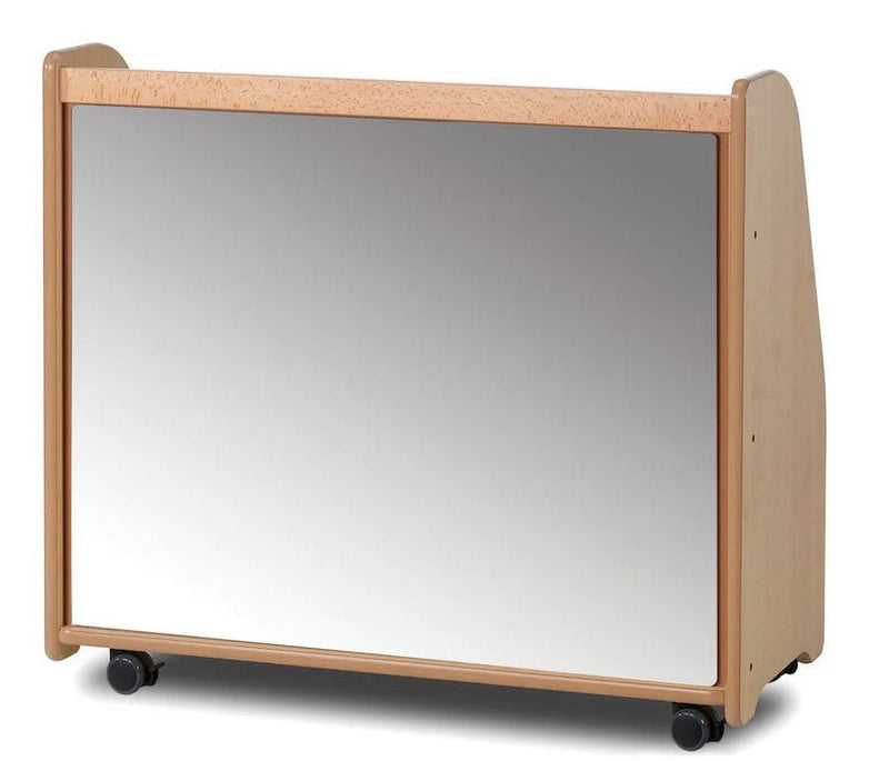 Mobile shelving unit with mirrored back panel