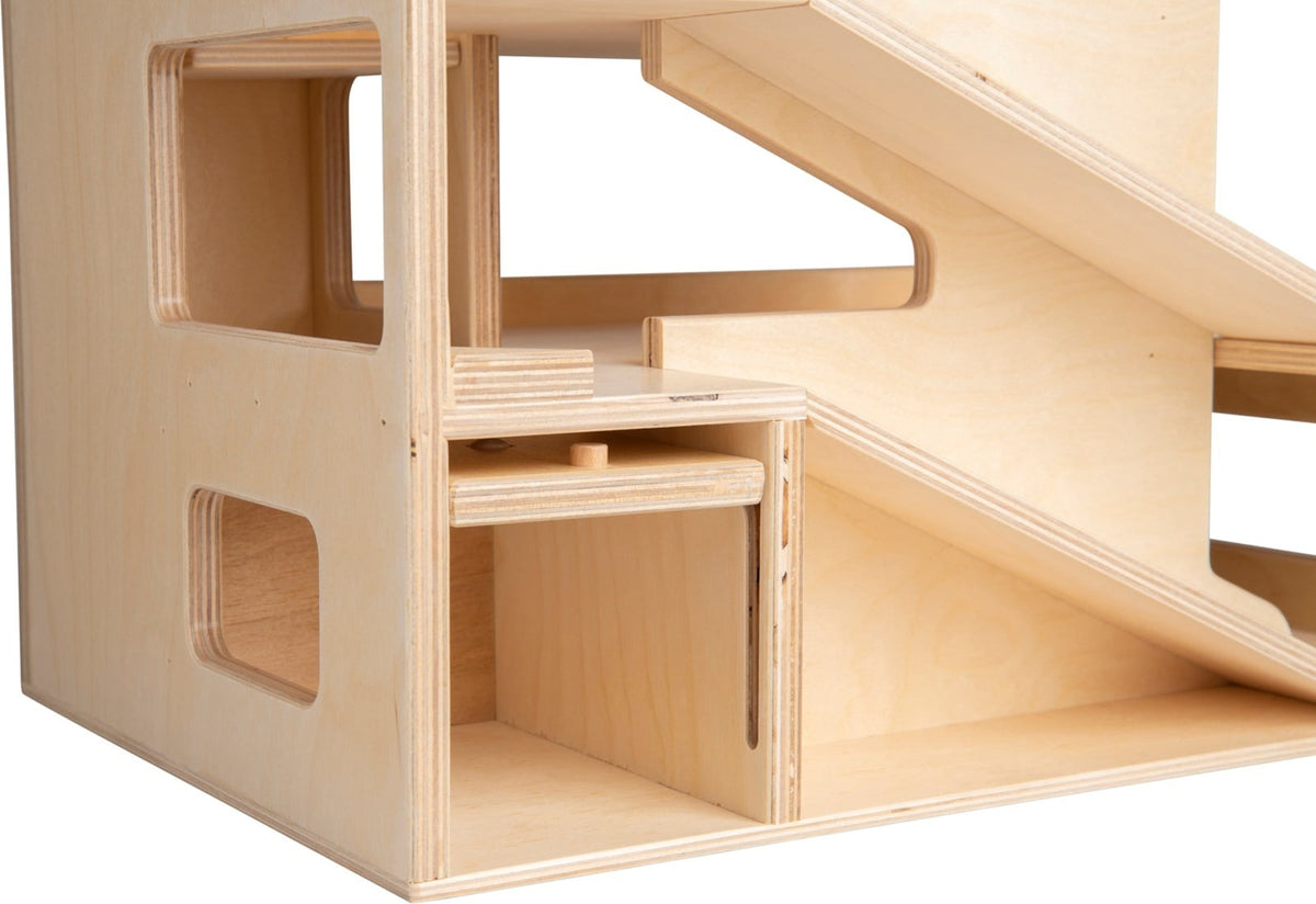 Two-story wooden parking garage with elevator