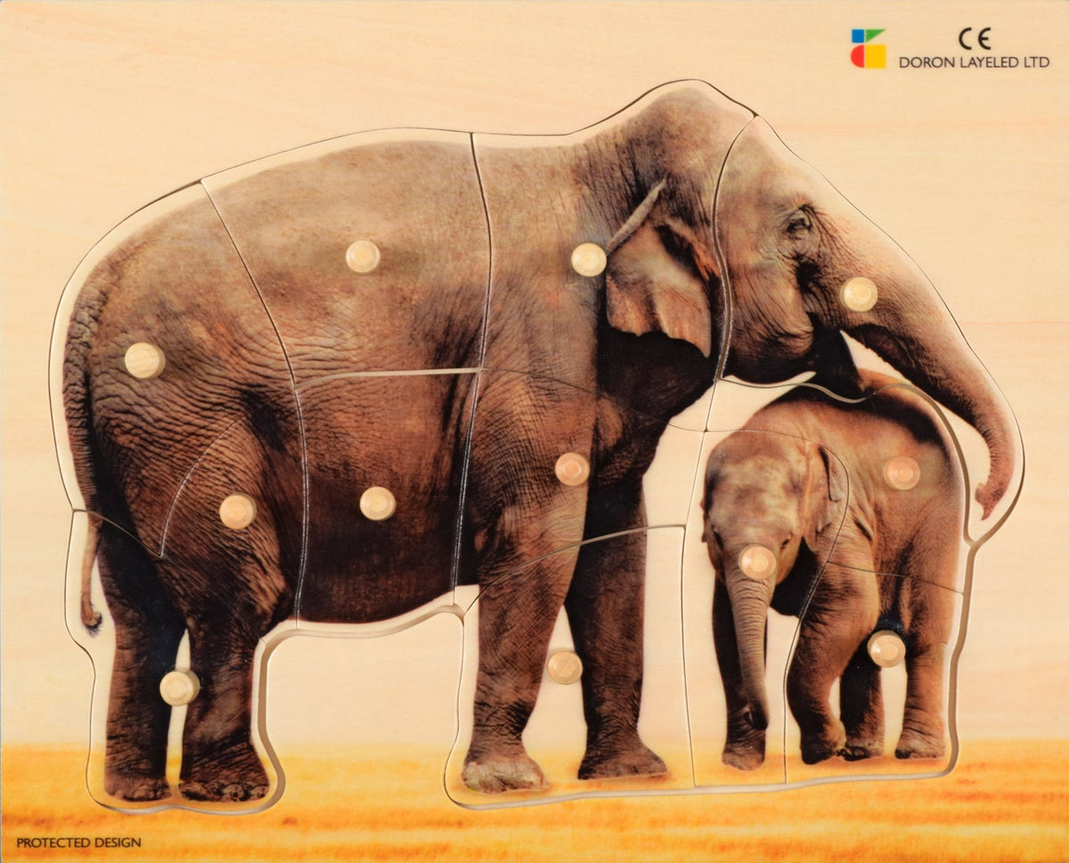 Wooden puzzle, realistic elephant with calf
