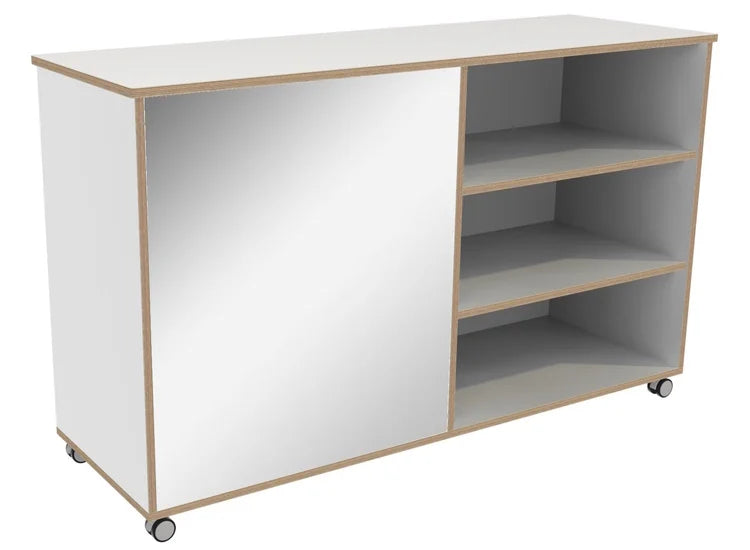 # Room divider shelving unit with mirror and chalkboard