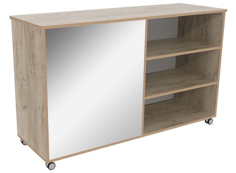 # Room divider shelving unit with mirror and chalkboard
