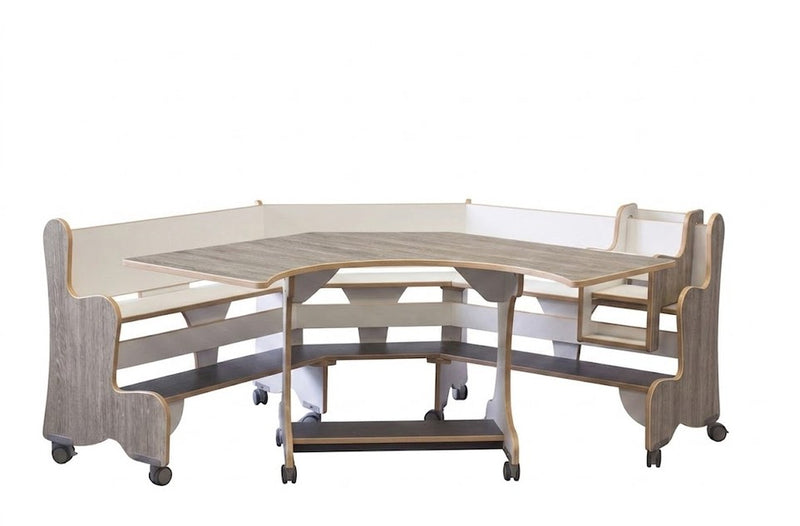 Tafel en zitbank hoekmodel verrijdbaar, berken/delano oak hpl