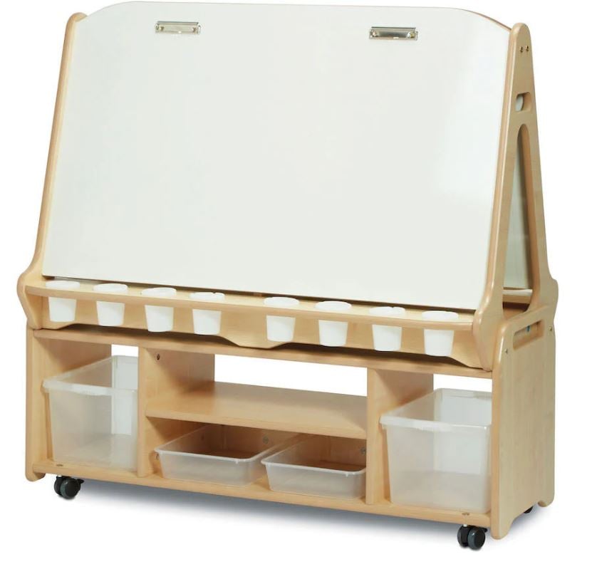 Double-sided easel with 4 stations and high storage trolley