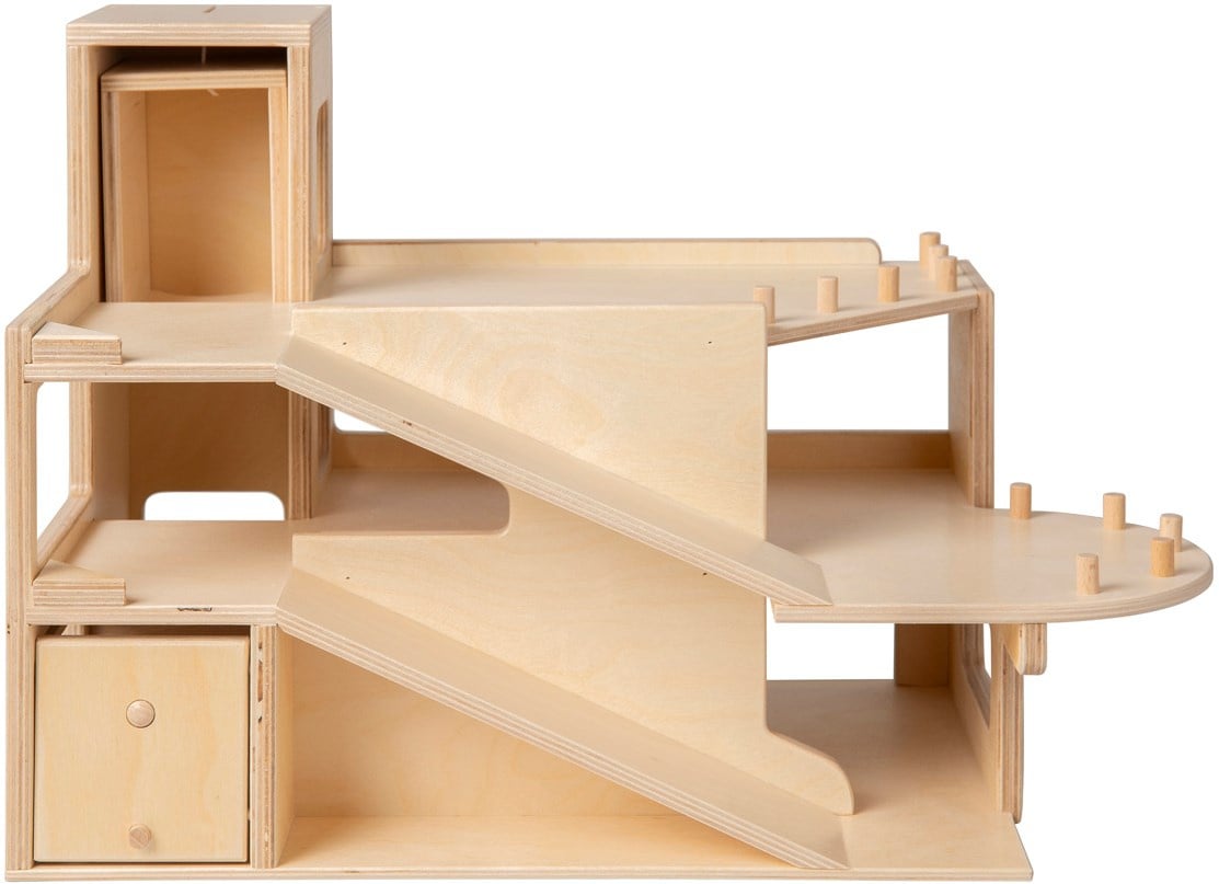 Two-story wooden parking garage with elevator