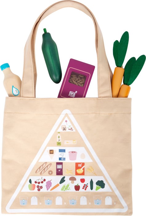 Wooden groceries in a shopping bag