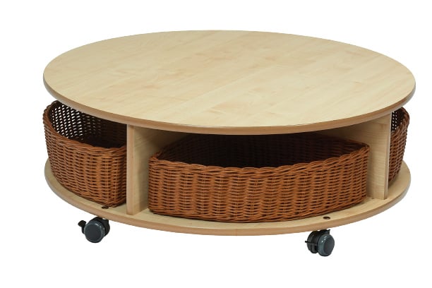 # Round, Mobile Table with 4 Wicker Baskets