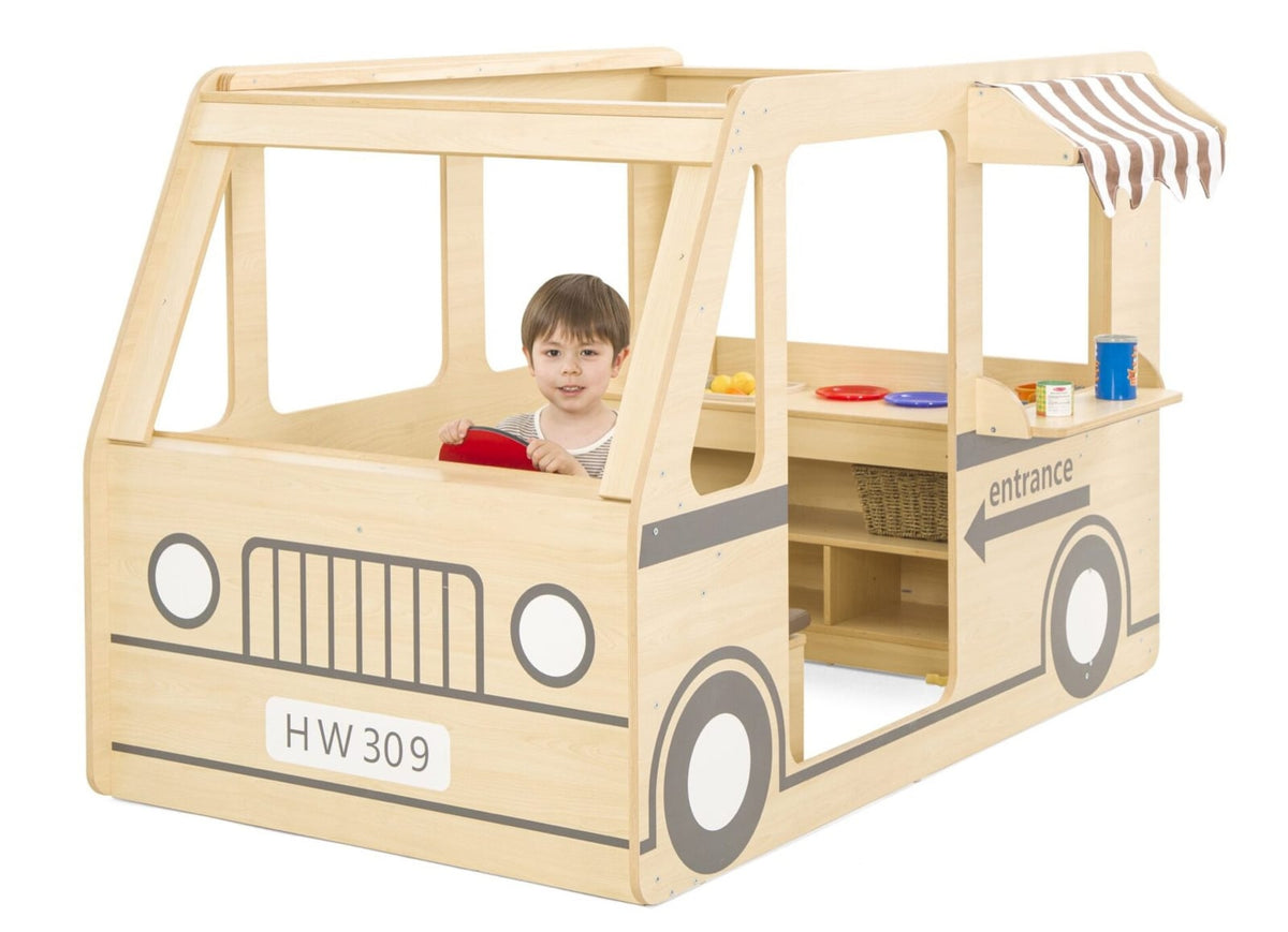 Wooden camper with awning