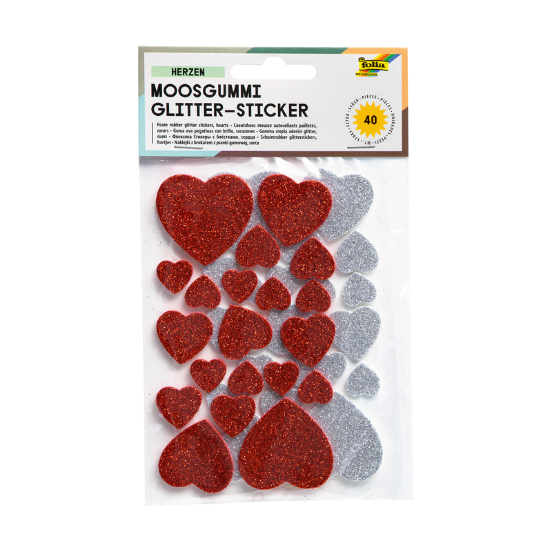 Foam glitterstickers Hartjes rood en zilver