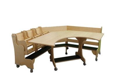 Table and corner bench on castors, birch/birch HPL