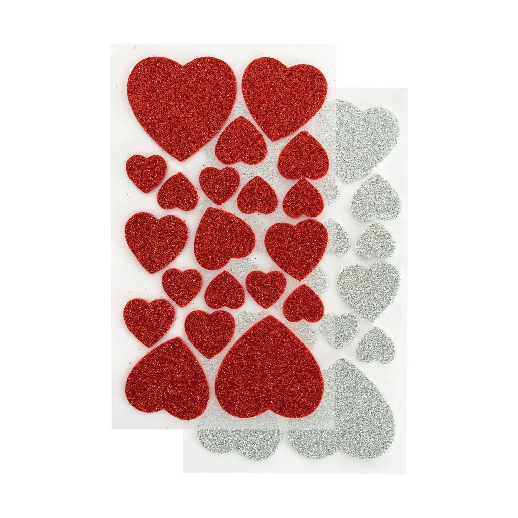 Foam glitterstickers Hartjes rood en zilver