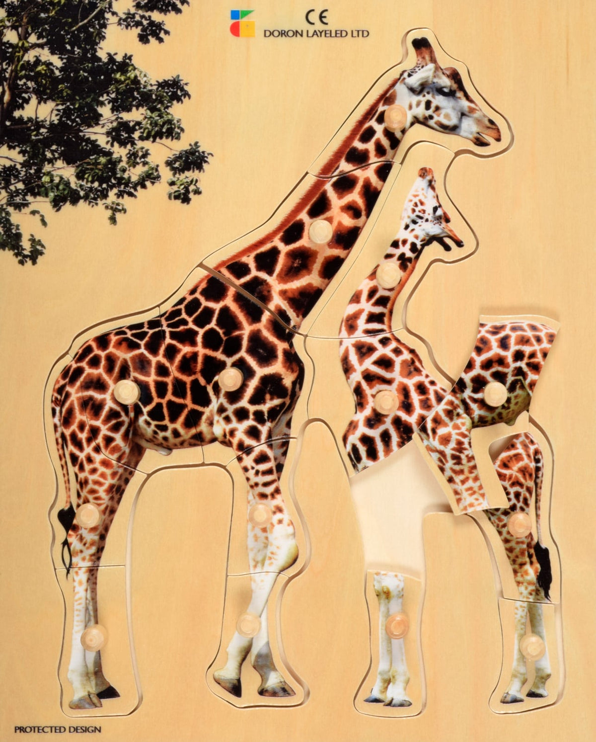 Wooden puzzle, realistic giraffe with young