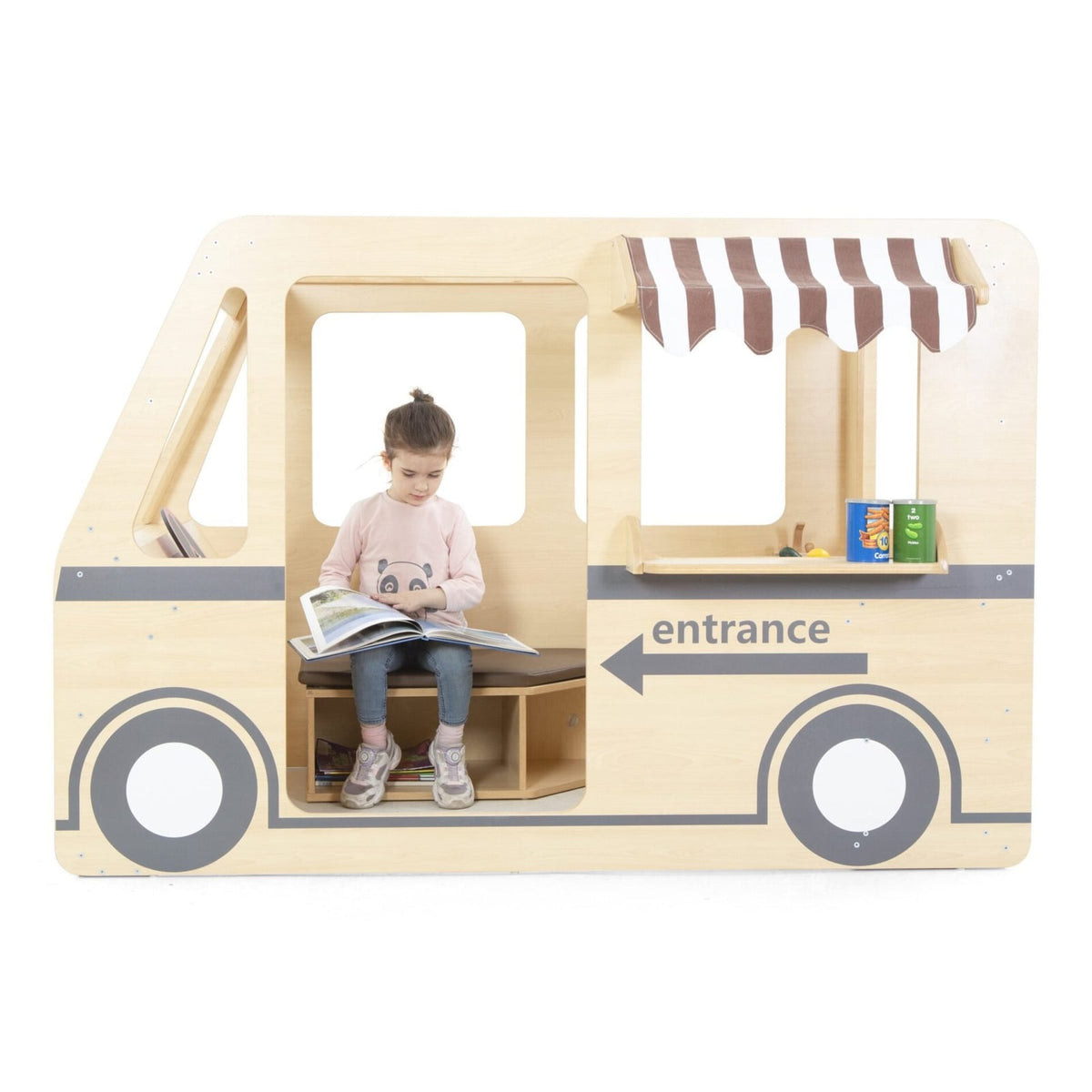 Wooden camper with awning