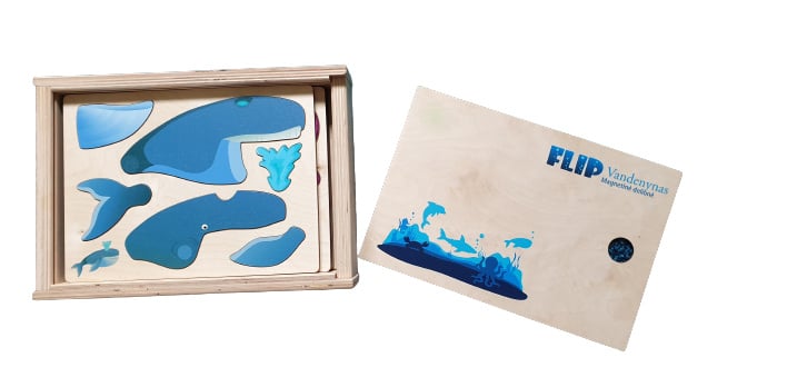 6 puzzels in een houten opbergkist, thema oceaan