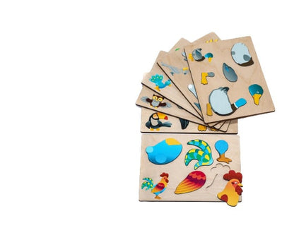 6 puzzels in een houten opbergkist, thema vogels