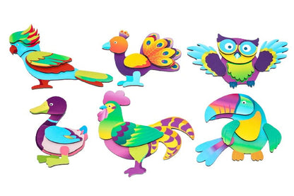 6 puzzels in een houten opbergkist, thema vogels