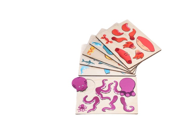 6 puzzels in een houten opbergkist, thema oceaan
