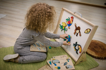 6 puzzels in een houten opbergkist, thema transport