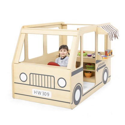 Wooden camper with awning