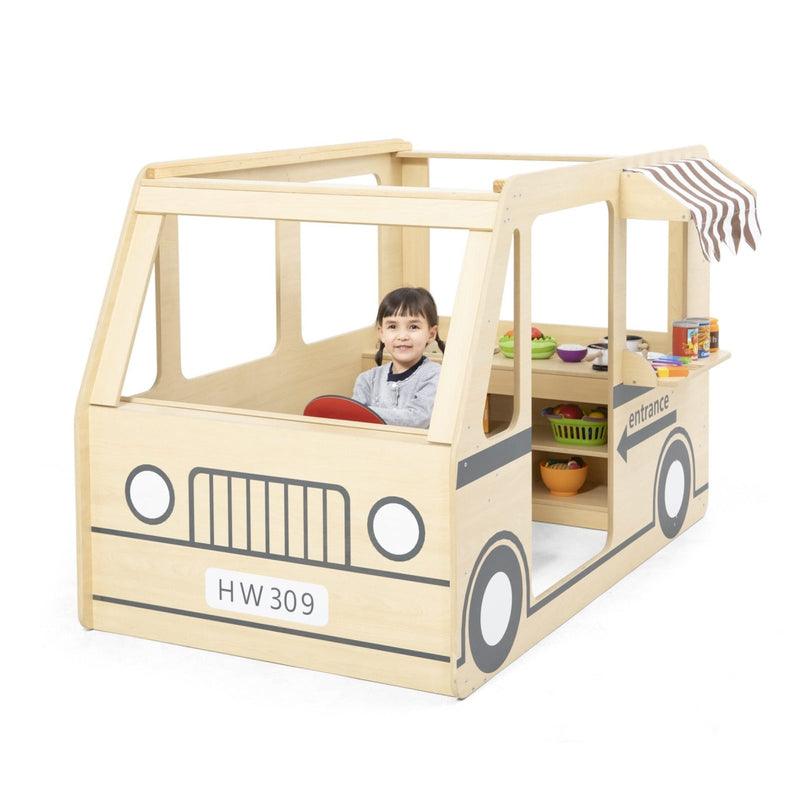 Wooden camper with awning