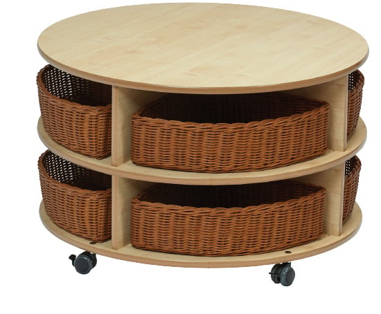 # Round, mobile table with 8 wicker baskets