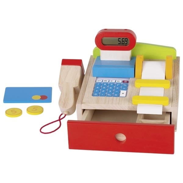 Wooden cash register with scanner and calculator