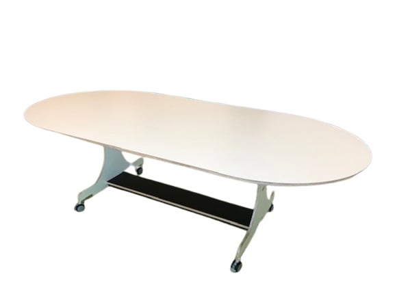 Mobile oval table, birch/white hpl