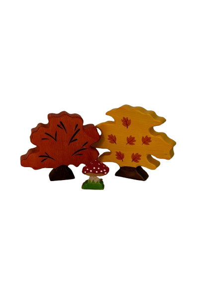 Wooden autumn scene, trees and mushroom