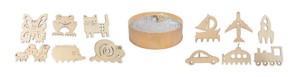 Set of 12 wooden sand combs, animals & transport