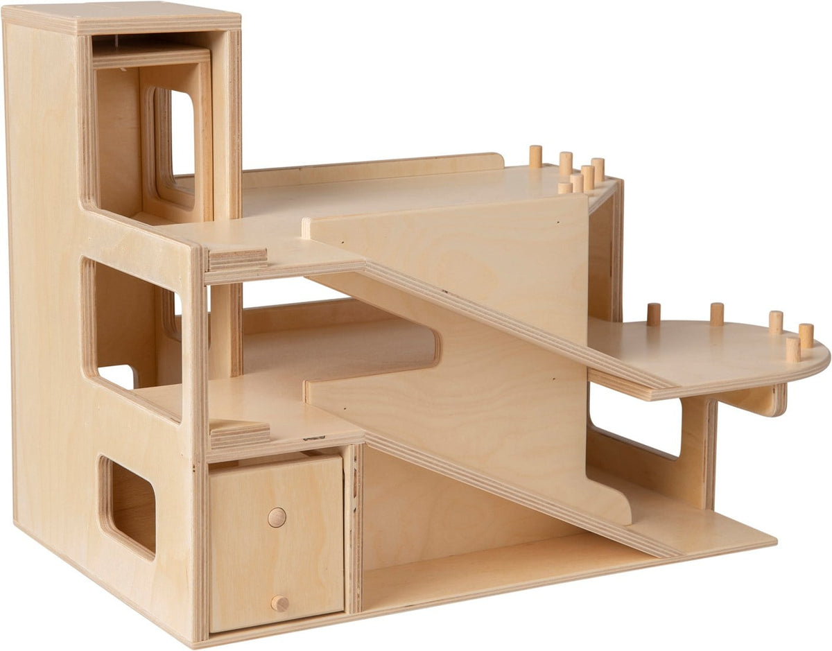 Two-story wooden parking garage with elevator