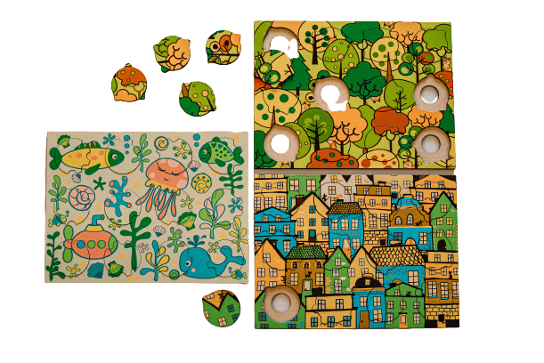 Set van 3 houten puzzels, 4 thema's