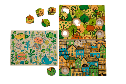 Set van 3 houten puzzels, 4 thema's