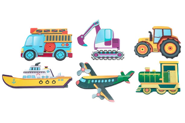 6 puzzels in een houten opbergkist, thema transport