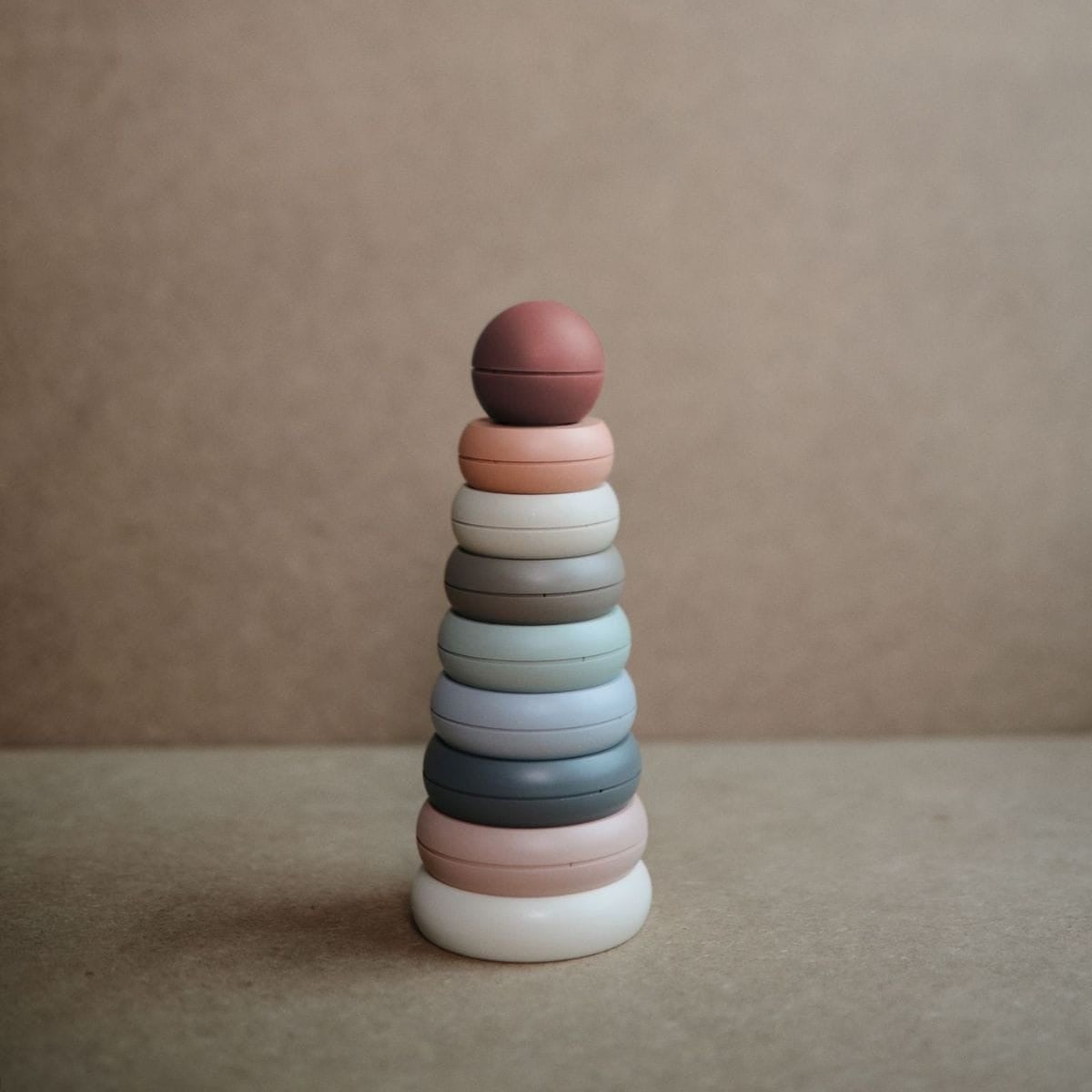 Mushie stacking tower coloured rings pastel