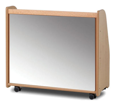Mobile shelving unit with mirrored back panel