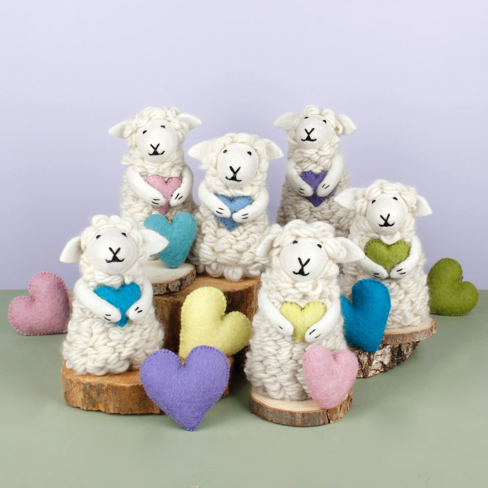 Set of 6 felt sheep with heart in pastel colours Fairtrade