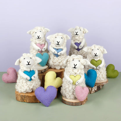 Set of 6 felt sheep with heart in pastel colours Fairtrade