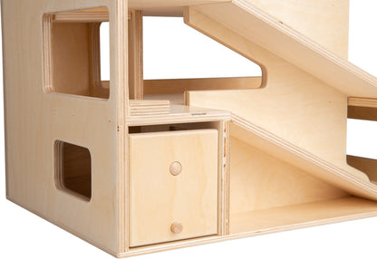 Two-story wooden parking garage with elevator