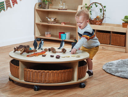 # Round, Mobile Table with 4 Wicker Baskets